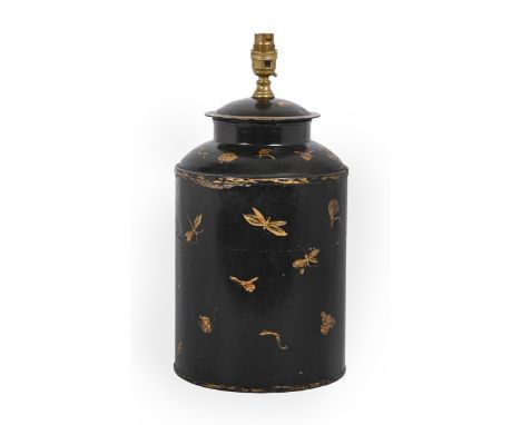 A Victorian black and gilt japanned tea canister and cover, decorated with insects, adapted as a lamp, redecorated, 34cm h (e