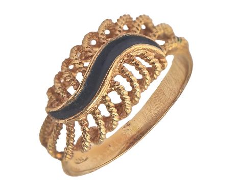 A gold and blue enamel wave ring,&nbsp;marked 750, 3.5g, size J  Undamaged