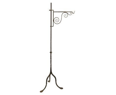 An adjustable wrought iron lantern stand, 19th/early 20th c,&nbsp;the hook-ended right angled bracket with scrolling support,