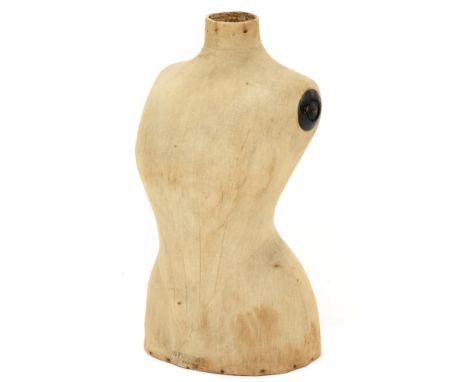 A French dressmaker's mannequin, c1900, of papier mache covered in cotton cloth, ebonised turnings, 69cm h, deal board to the