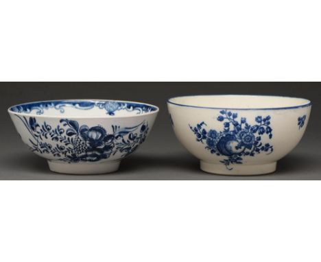 A Derby blue and white slop basin, c1770,&nbsp; painted with the Mansfield pattern, 16cm diam and a Worcester blue and white 