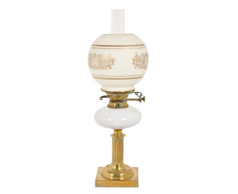 A Victorian brass oil lamp, globular cased glass font, twin duplex burner, white glass shade with gilt decoration, 35cm h exc