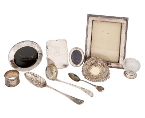 A Victorian silver card case, engine turned 10cm h,&nbsp; by Nathaniel Mills Birmingham 1841 and miscellaneous other small si