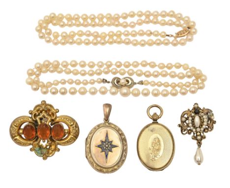 Two Victorian lockets and a contemporary citrine brooch, two cultured pearl necklaces each with gold clasp, one marked 585, a