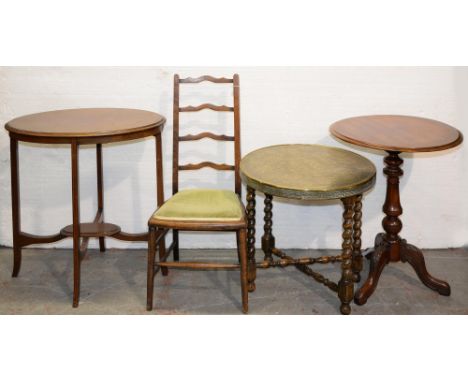 A Victorian carved and turned mahogany tripod table, 73cm h, a brass topped folding tea table, 60cm dia, an inlaid mahogany o
