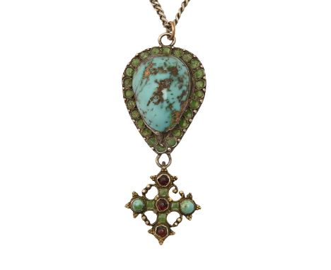 An Arts &amp; Crafts turquoise matrix, paste and silver and green enamel pendant, early 20th c, 61mm h and a silver chain, 28