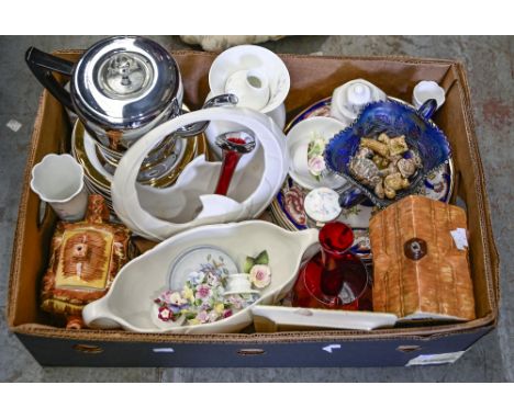 Miscellaneous ceramics and glass including a blue carnival glass two handled pedestal dish, a pair of Mason's Ironstone Manda