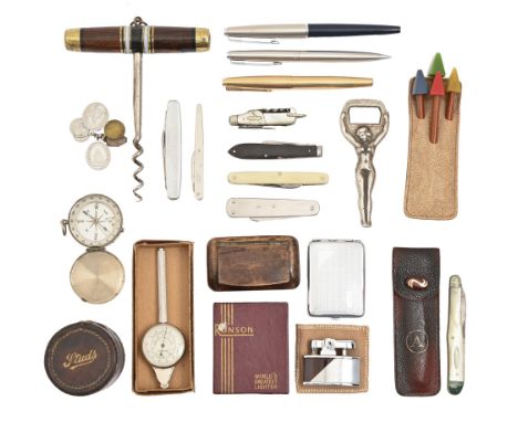 A vintage Parker fountain pen and two others, miscellaneous pocket knives, a Victorian walnut snuff box, a Ronson lighter and