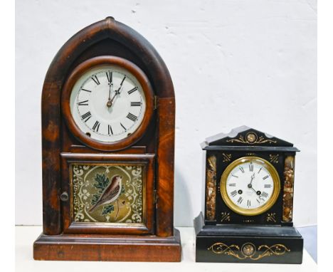 A Belgian slate mantle clock, the enamel dial inscribed J W Benson Ludgate Hill London, 27cm h; 21 x 15cm and an American arc