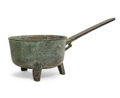 An English bronze skillet, Canterbury, 17th c,&nbsp;the handle cast IOHN PALMAR, 45.5cm l  Undamaged with old green patina an