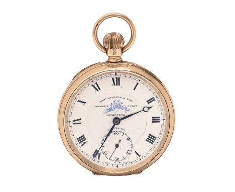 A Swiss 9ct gold keyless lever watch, Thomas Russell & Son, Liverpool, gold bow and cuvette, 49mm diam, Chester 1924, 77.8g  