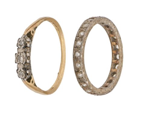 A diamond ring, illusion set, gold hoop marked 18ct PLAT, and a white stone eternity ring, in gold marked 9ct, 4.8g, size N, 