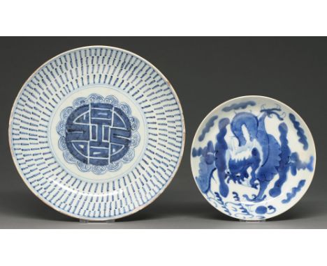 Two Chinese blue and white dishes, 19th c, painted with shou character and a dragon, 20 and 27.5cm diam, the dragon plate wit