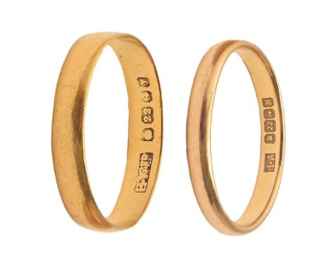 Two 22ct gold wedding rings, Birmingham 1923 and 1936, 4.5g, size K, N  One slightly more worn than the other but both accept