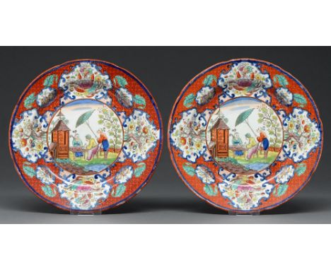 A pair of Staffordshire pearlware chinoiserie&nbsp; plates, c1810,&nbsp;transfer printed and enamelled with figures and flowe