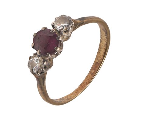 A ruby and diamond ring,&nbsp; in gold, unmarked, 2.6g, size N  Hoop slightly worn