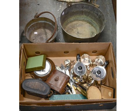 Miscellaneous plated and other metalware, including Victorian brass jam pans, an oak barometer, vintage binoculars, etc  