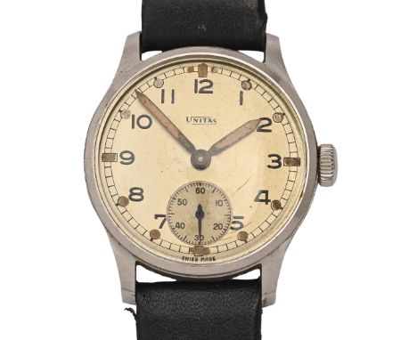A World War II British Army issue&nbsp;Unitas stainless steel wristwatch,&nbsp; marked on case back broad arrow and ATP, 33mm