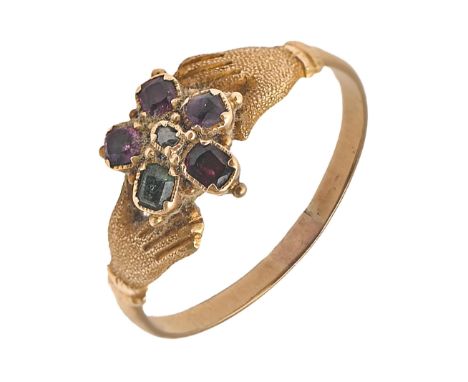 A Victorian 'regard' ring,&nbsp;&nbsp;in gold with finely chased lady's hand shoulders, 2.1g, size P  Good condition save for
