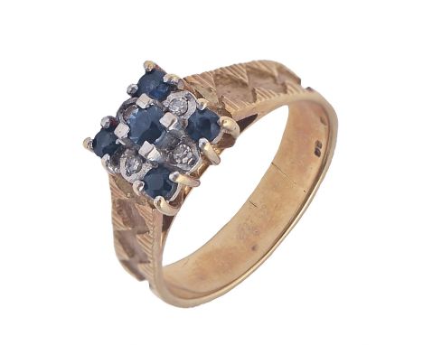 A sapphire and diamond ring,&nbsp; in 18ct gold, with textured hoop, 5.1g, size N  Good condition