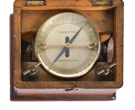 A brass galvanometer, Telegraph Works Silvertown London, in fitted stained wood box inscribed Royce Ltd Manchester, dial 9cm 