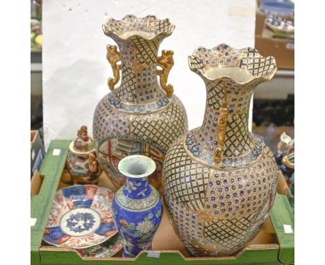 A pair of satsuma style twin handled vases, 45cm h, an early 20th c Japanese Imari dish, 21cm diam, contemporary Chinese eart