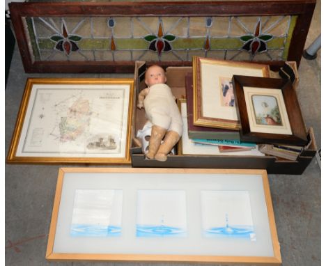 A vintage composition doll&nbsp;and miscellaneous other items including a&nbsp;rosewood picture frame, a leaded and stained g