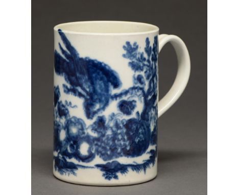 A Worcester blue and white mug, c1780-1785,&nbsp;transfer printed with the Parrot Pecking Fruit pattern,&nbsp;&nbsp;&nbsp;7.5