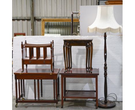 An antique style mahogany canterbury, 51cm w, a nest of tables, tea trolley and standard lamp, etc  