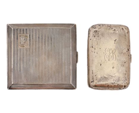 A George V silver cigarette case, engine turned, 84mm x 84mm, by Albert Sydenham, Birmingham 1929 and another, Birmingham 190