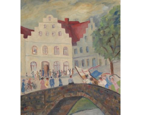 Gerty Simon (1887-1970) - Procession in a Town, signed with initials, oil on canvas, 48.5 x 42cm  Small patch repair to a tea