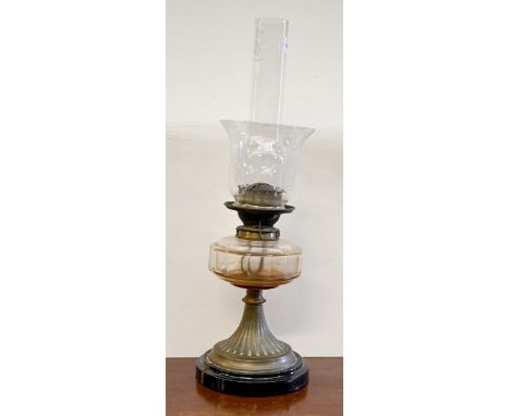 A Victorian brass oil lamp, with etched glass shade and clear glass font, individual duplex burner, black painted earthenware