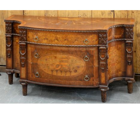 A mahogany and marquetry commode, 20th c, in George III style, 84cm h; 58cm x 144cm  Top slightly marked and scratched, somew