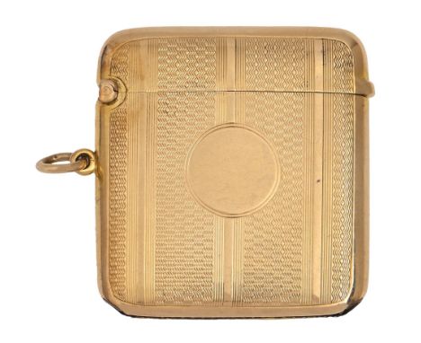 A George V 9ct gold vesta case, engine turned, 46mmh, by William Neale Ltd, Birmingham 1922, 23g Good condition