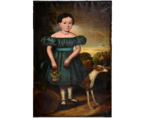 English naive artist, 19th century - Portrait of a Child, full length with a dog, holding a basket of fruit, oil on canvas, 1