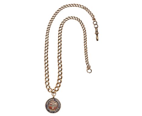 A 9ct gold Albert, early 20th c, 42.5cm long, links individually marked, mounted with a contemporary 9ct gold and enamel watc