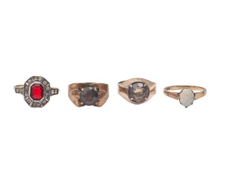 Four gold rings,&nbsp; variously gem set, 13g, size J, L and M  Light wear