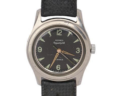 An Hermes stainless steel wristwatch, Aquasport,&nbsp;black dial, 33mm diam  Case with light scratches and signs of wear, mov