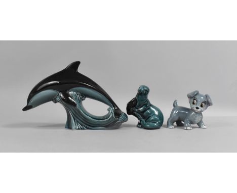 Two Poole Ornaments, Dolphin and Seal Together with a Disney Wade Dog 
