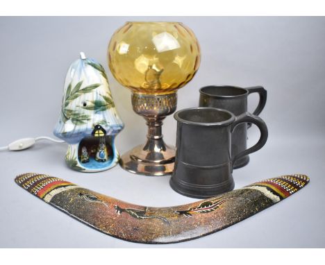 A Collection of Sundries to Comprise Two Pewter Tankards, Ceramic Light Fittig, Boomarang and Huricane Lamp 