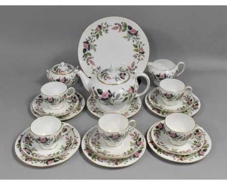 A Wedgwood Tea Set to comprise Milk Jug, Five Cups, Lidded Sugar, Tea Pot, Six Saucers, Side Plates and a Cake Plate 