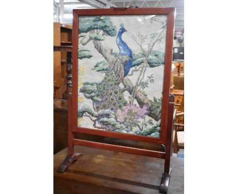 A Modern Tapestry Fire Screen with Peacock Decoration, 57cm wide 