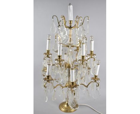 A Large and Impressive Brass and Crystal Ten Branch Table Lamp with Droppers, 89cm high 