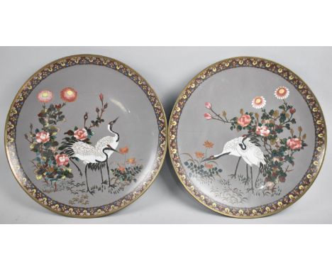 A Pair of Japanese Cloisonne Chargers Decorated with Cranes and Blossomng Branches on Grey Ground, Polychrome Geomtric Floral