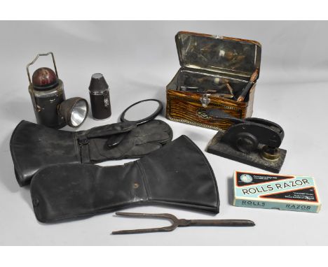 A Collection of Various Vintage Items to Comprise Scumble Glazed Tin containing Stair Clips, Letter Press, Rolls Razor, Leath