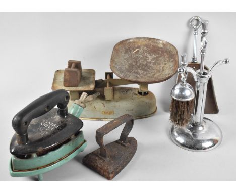 A Vintage Fairy Prince Flat Iron, Vintage Kitchen Scales, Carved Companion Set etc 