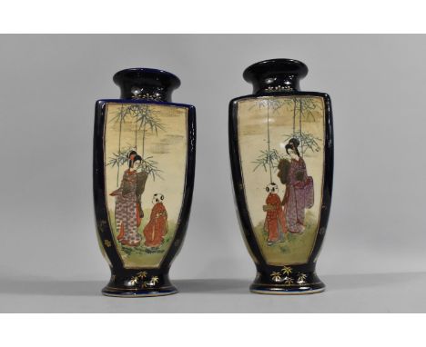 A Pair of Japanese Satsuma Vases Decorated with Handpainted Cartouches on Cobalt Blue Ground, One Vase with Foot AF, 23.5cm h