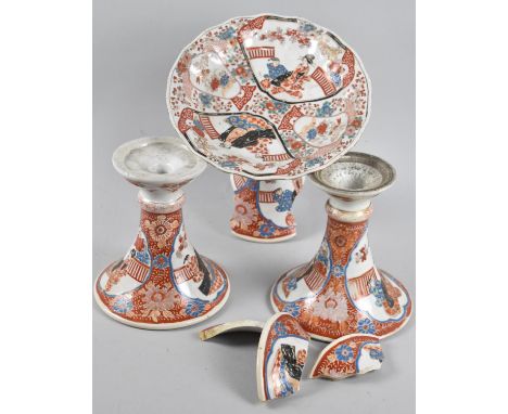 A Late 19th Century Japanese Porcelain Tazza Decorated in the Imari Palette (Badly AF) Together with a Matching Pair of Stand