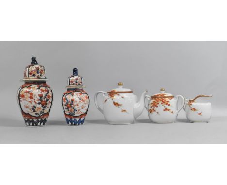 Two Late 19th Century Japanese Imari Vases and Covers Together with a Late 20th Century Three Piece Japanese Porcealin Teaser