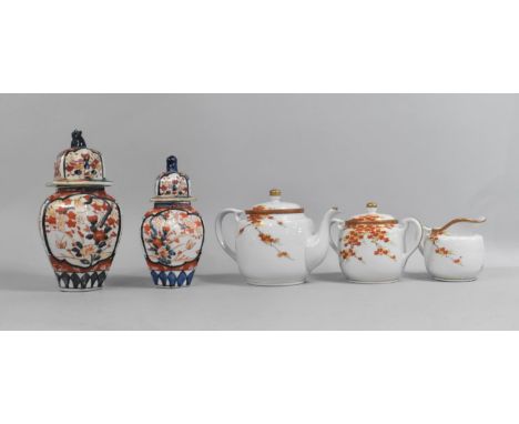 Two Late 19th Century Japanese Imari Vases and Covers Together with a Late 20th Century Three Piece Japanese Porcealin Teaser